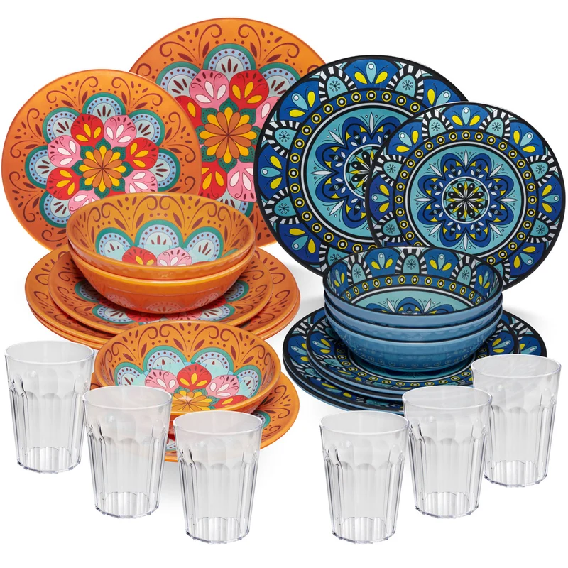 Melamin Geschirr Set Toskana Pastel für 6 Personen - 24 Teile - Orange-Blau - Mandala-Optik mit klaren Trinkgläsern 450 ml aus Acryl Spülmaschinengeeignet Campinggeschirr