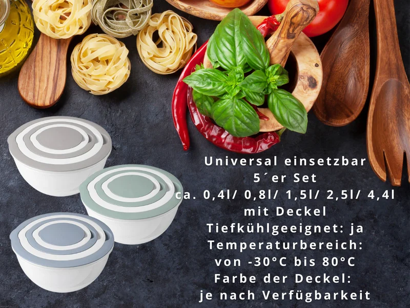 5-fach Rührschüssel Set 0,4-4,4L Rund stapelbar mit Deckel Küche Salatschüssel