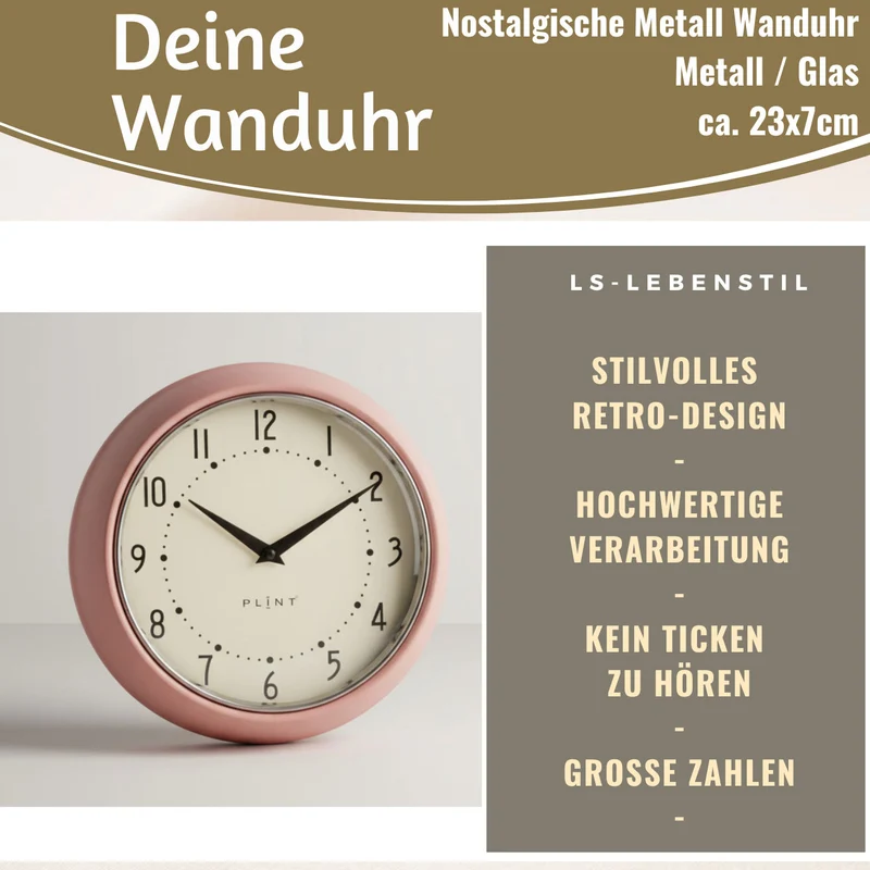 Nostalgische Metall Wanduhr Creme Rose 23cm Vintage Küchenuhr Bürouhr Retro Look