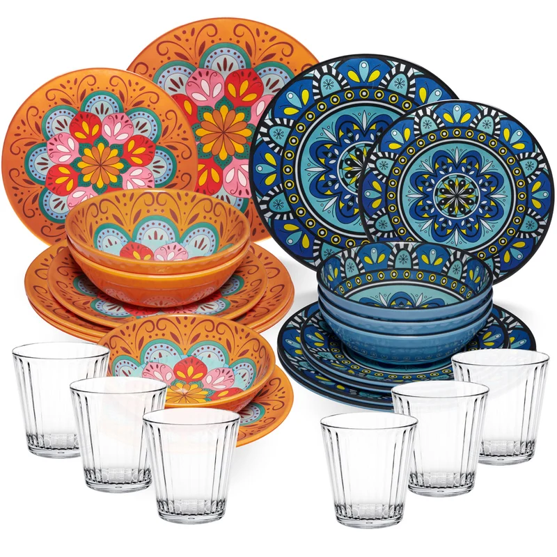 Melamin Geschirr Set Toskana Pastel für 6 Personen - 24 Teile - Orange-Blau - Mandala-Optik mit klaren Trinkgläsern 360 ml aus Acryl Spülmaschinengeeignet Campinggeschirr