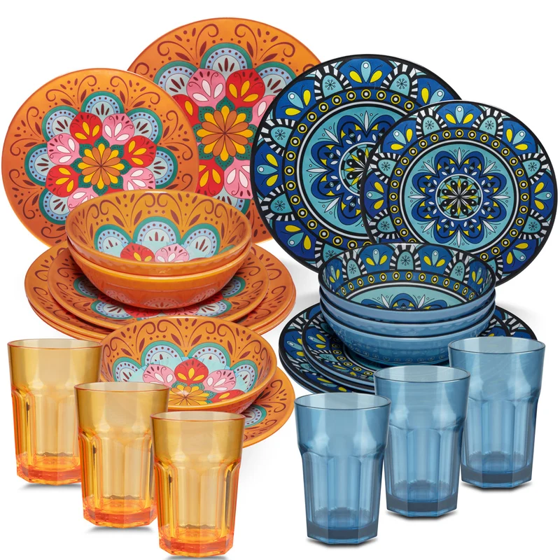 Melamin Geschirr Set Toskana Pastel für 6 Personen - 24 Teile - Orange-Blau - Mandala-Optik mit farblich passenden Trinkgläsern 400 ml aus Acryl Spülmaschinengeeignet Campinggeschirr