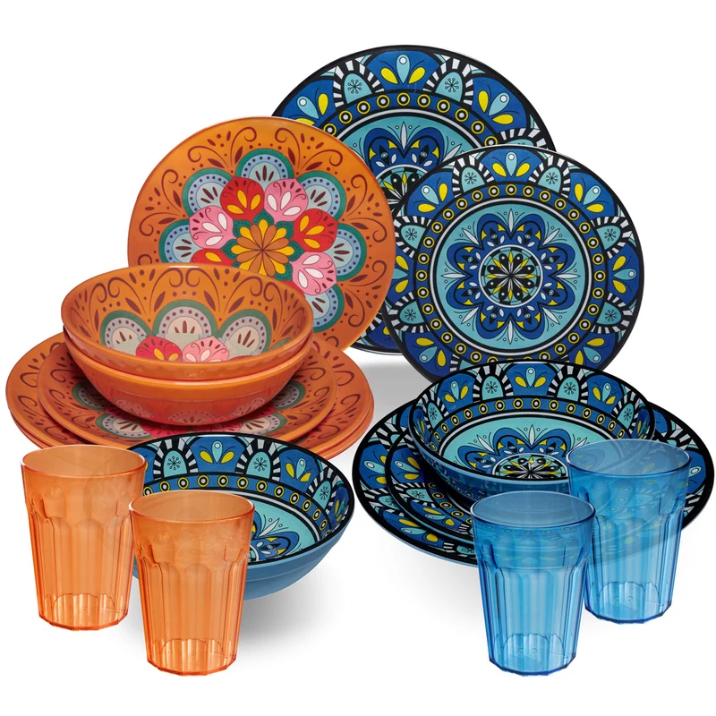 Melamin Geschirr Set Toskana Pastel für 4 Personen - 16 Teile - Orange-Blau - Mandala-Optik mit farblich passenden Trinkgläsern 450 ml aus Acryl Campinggeschirr
