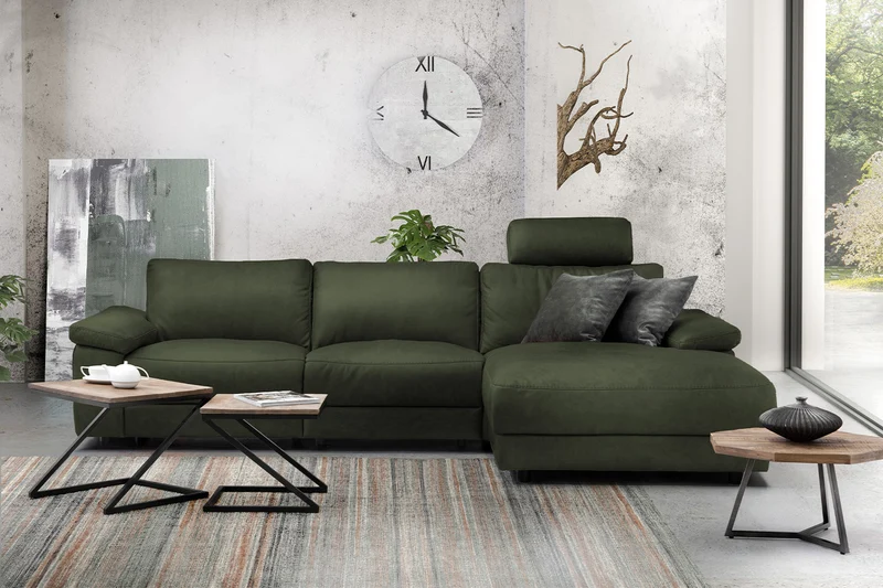 KAWOLA Sofa LOLA Ecksofa Leder moosgrün mit motorischer Relaxfunktion