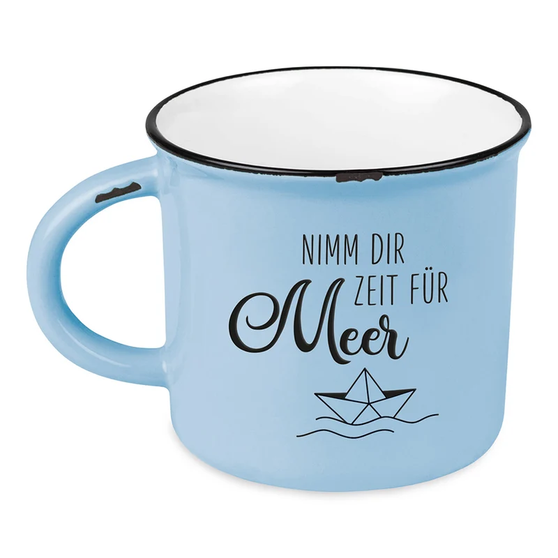 Vintage Kaffeebecher 400ml Keramik "Zeit für Meer" Blau Emaille-Look Kaffeetasse