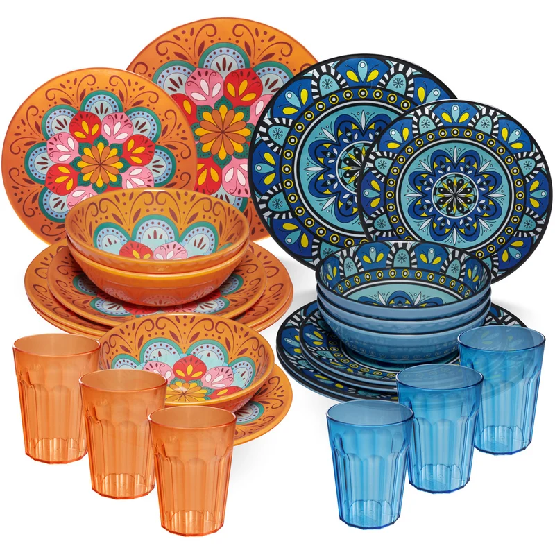 Melamin Geschirr Set Toskana Pastel für 6 Personen - 24 Teile - Orange-Blau - Mandala-Optik mit farblich passenden Trinkgläsern 450 ml aus Acryl Spülmaschinengeeignet Campinggeschirr
