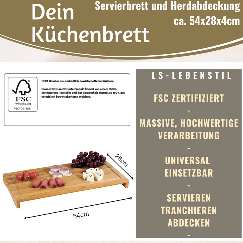 XL Holz Schneidebrett Herdabdeckplatte 54x28cm Bambus Küchenbrett Holzbrett Saftrille