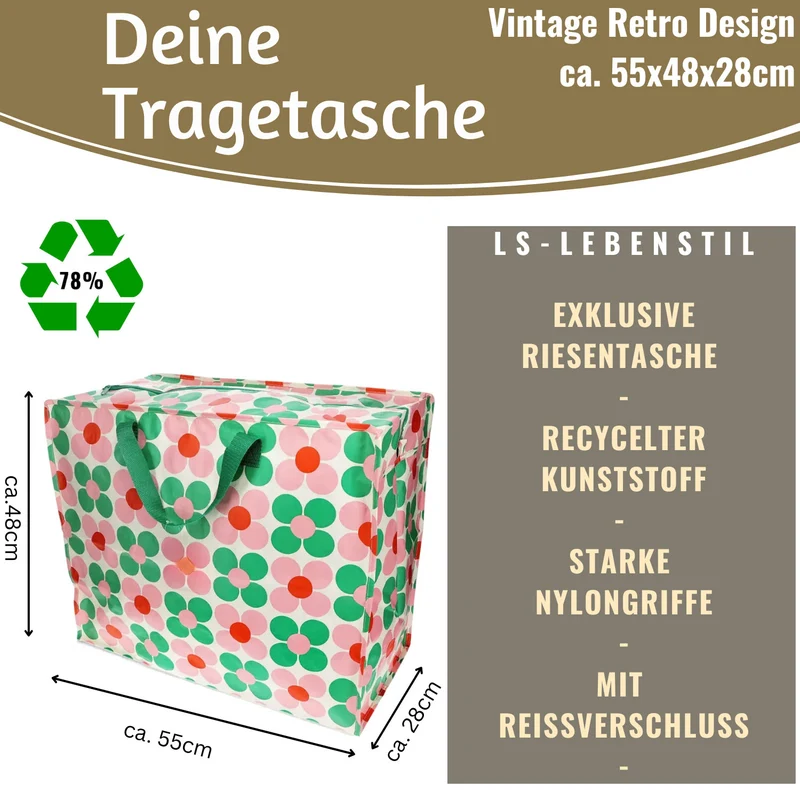 XXL Jumbo Bag Gänseblümchen Rosa 55cm Recycelt Kunststoff Aufbewahrungstasche Einkaufstasche