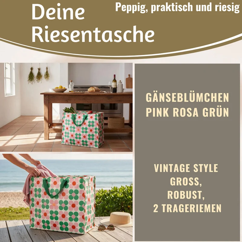 XXL Jumbo Bag Gänseblümchen Rosa 55cm Recycelt Kunststoff Aufbewahrungstasche Einkaufstasche