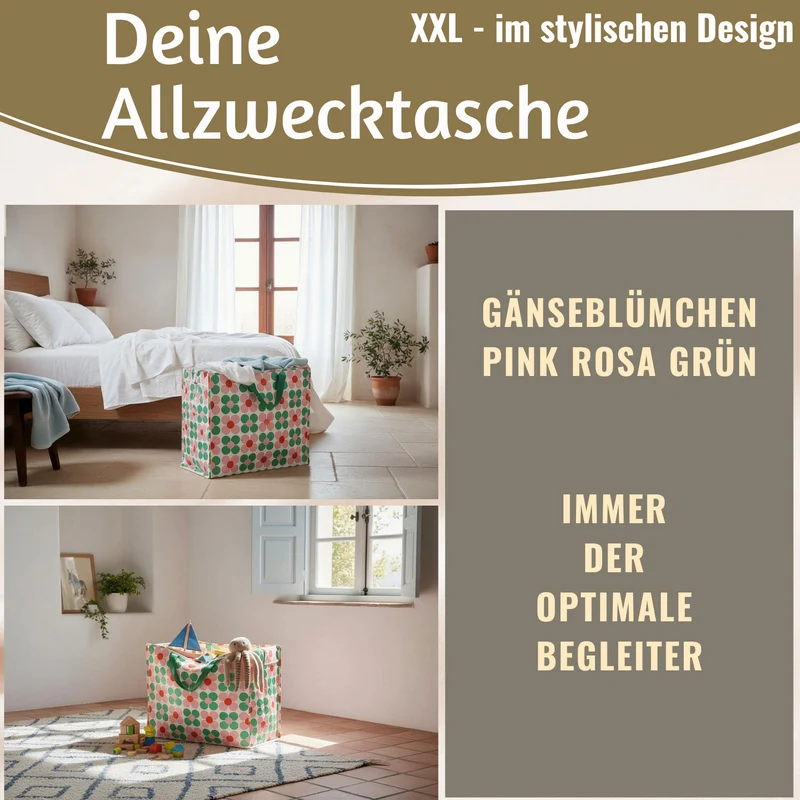 XXL Jumbo Bag Gänseblümchen Rosa 55cm Recycelt Kunststoff Aufbewahrungstasche Einkaufstasche