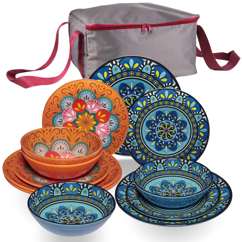 Melamin Geschirr Set Toskana Pastel für 4 Personen - 13 Teile - Orange-Blau - mit Aufbewahrungstasche Mandala-Optik Essgeschirr Campinggeschirr