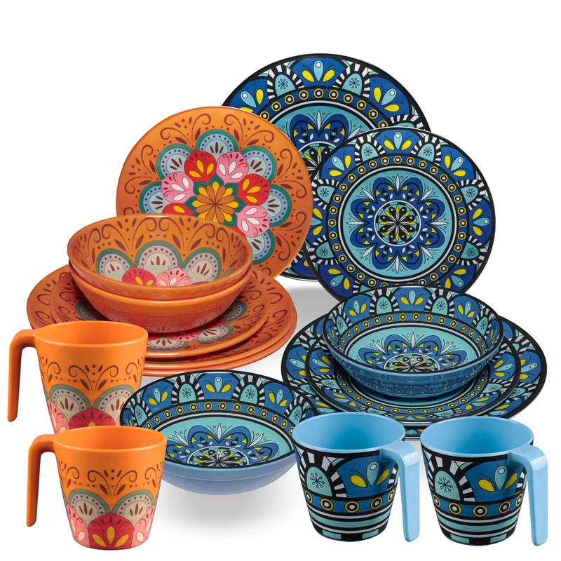 Melamin Geschirr Set Toskana Pastel für 4 Personen - 16 Teile - Orange-Blau - Mandala-Optik Essgeschirr Campinggeschirr