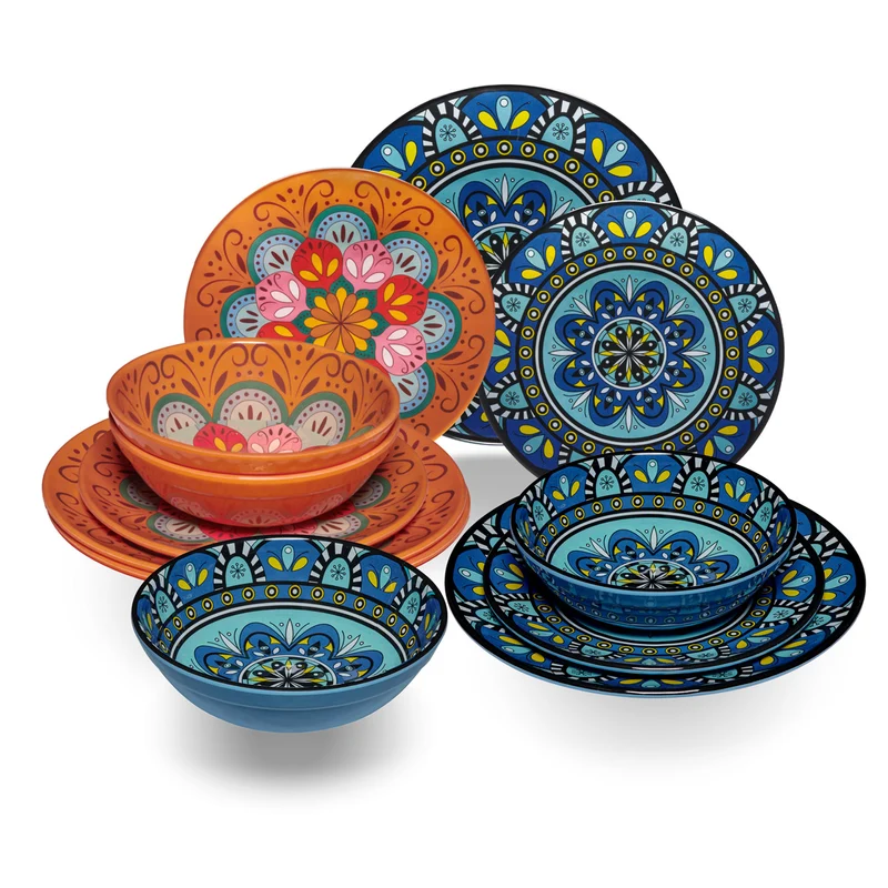 Melamin Geschirr Set Toskana Pastel für 4 Personen - 12 Teile - Orange-Blau - Mandala-Optik Essgeschirr Campinggeschirr