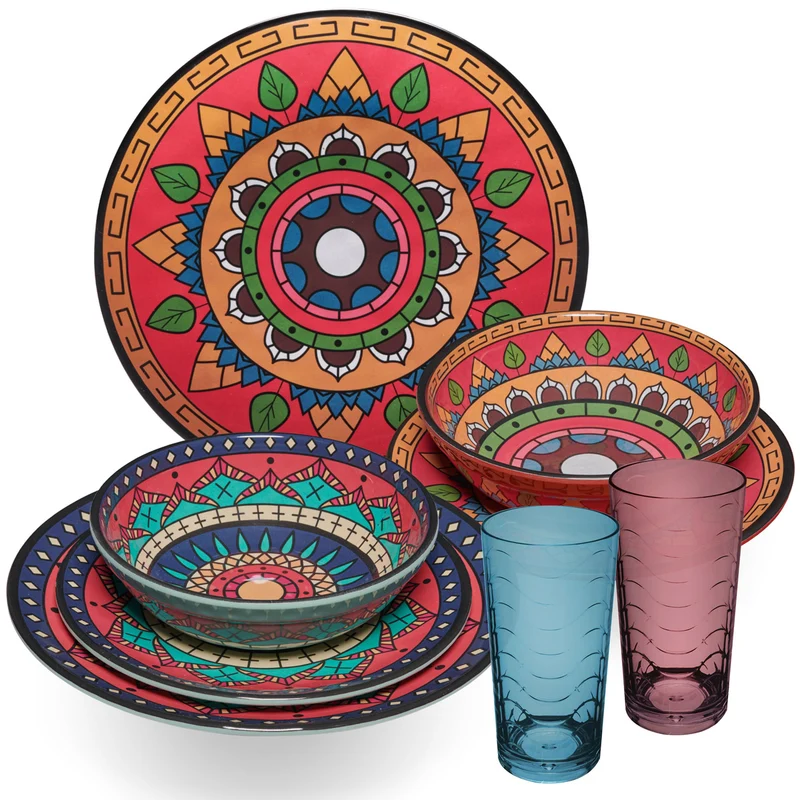 Melamin Geschirr Set Toskana Deep für 2 Personen - 8 Teile - Rot-Grün - Mandala-Optik mit farblich passenden Trinkgläsern 260 ml Campinggeschirr