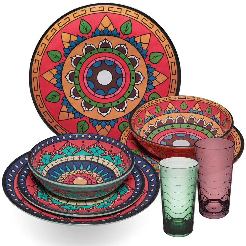 Melamin Geschirr Set Toskana Deep für 2 Personen - 8 Teile - Rot-Grün - Mandala-Optik mit farblich passenden Trinkgläsern 260 ml Campinggeschirr