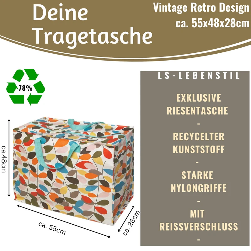 XXL Jumbo Bag Vintage Ivy Blumen 55cm Recycelt Kunststoff Aufbewahrungstasche Einkaufstasche