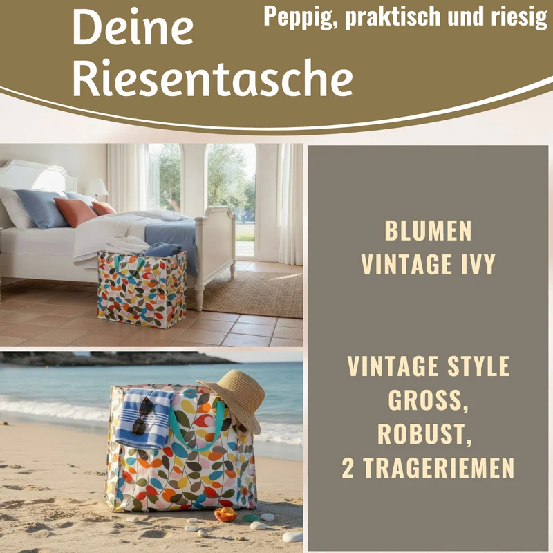XXL Jumbo Bag Vintage Ivy Blumen 55cm Recycelt Kunststoff Aufbewahrungstasche Einkaufstasche