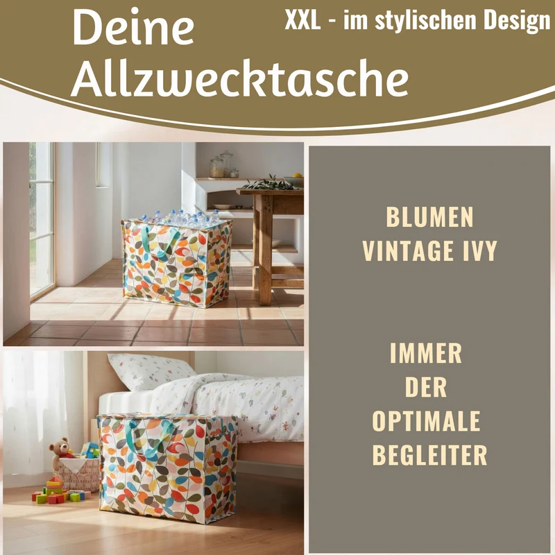 XXL Jumbo Bag Vintage Ivy Blumen 55cm Recycelt Kunststoff Aufbewahrungstasche Einkaufstasche