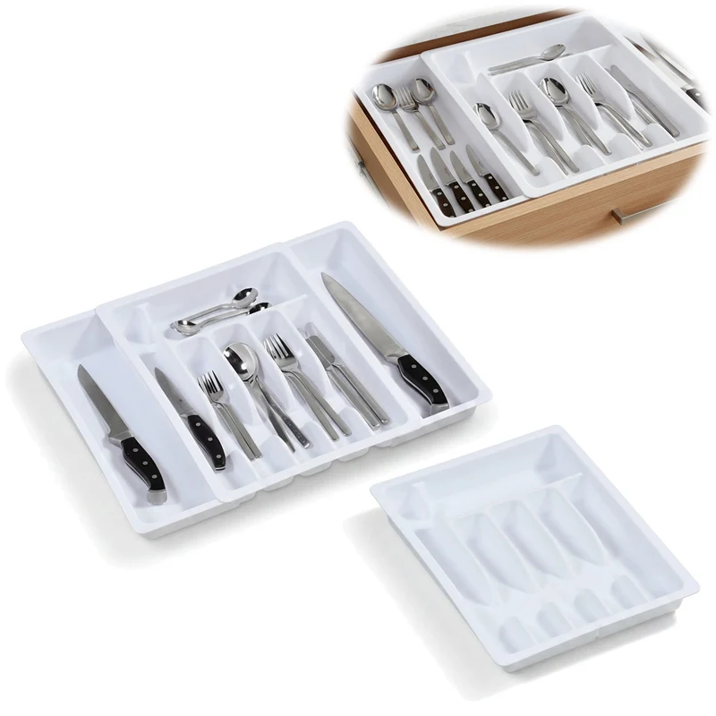Schubladeneinsatz Besteckkasten 29-50cm Weiß ausziehbar Besteckbox Organizer