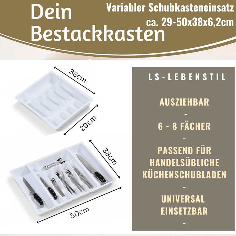 Schubladeneinsatz Besteckkasten 29-50cm Weiß ausziehbar Besteckbox Organizer