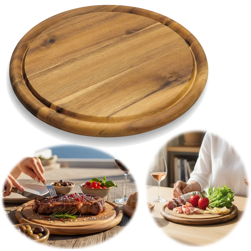 XL Holz Fleischteller Servierteller 30cm Akazie Rund Schneidebrett Vesperbrett