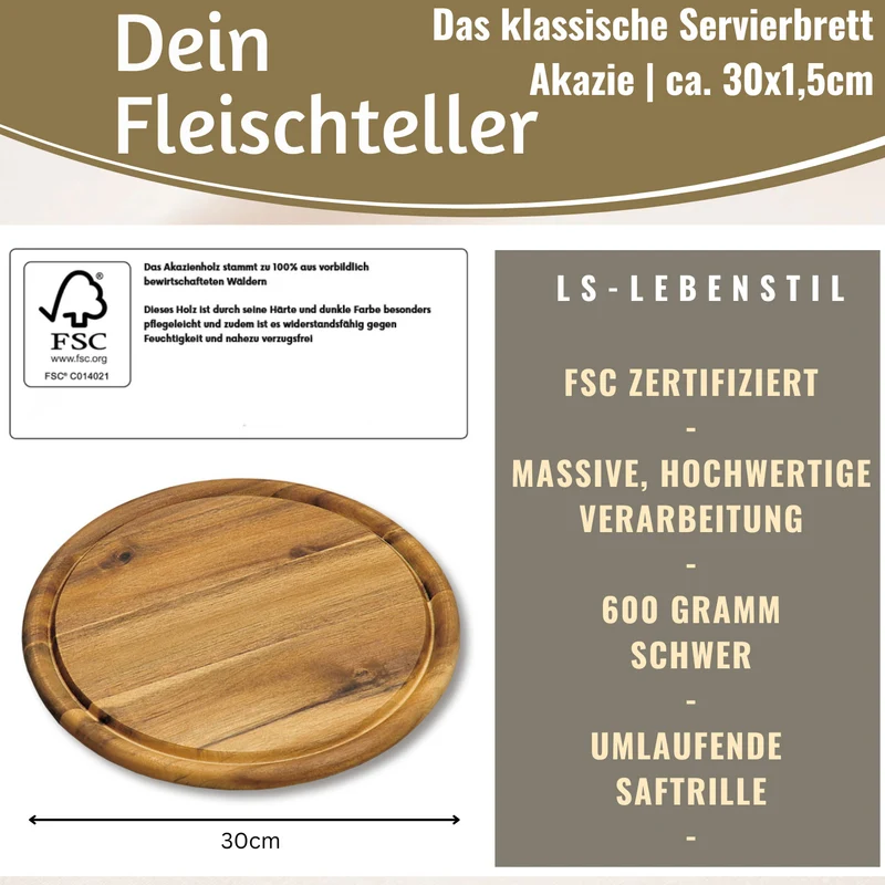 XL Holz Fleischteller Servierteller 30cm Akazie Rund Schneidebrett Vesperbrett