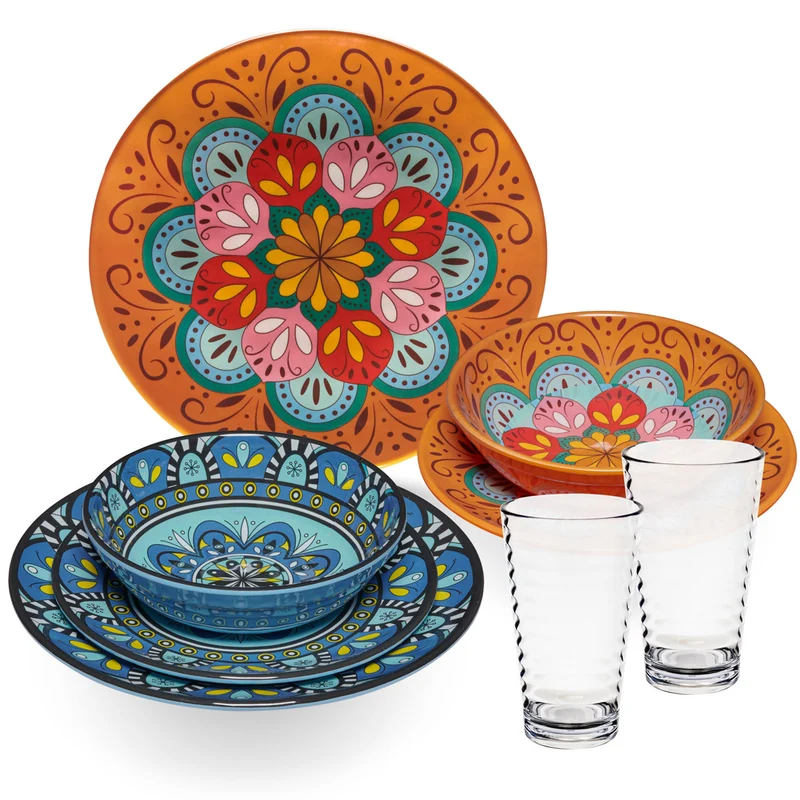 Melamin Geschirr Set Toskana Pastel für 2 Personen - 8 Teile - Orange-Blau - Mandala-Optik mit klaren Trinkgläsern 400 ml aus Acryl Campinggeschirr