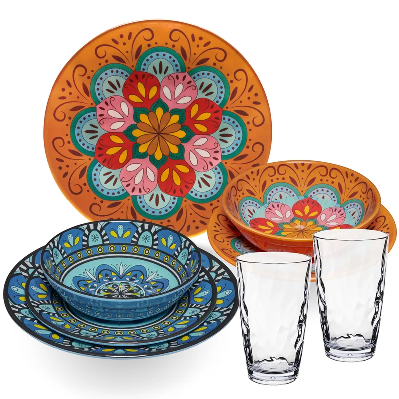 Melamin Geschirr Set Toskana Pastel für 2 Personen - 8 Teile - Orange-Blau - Mandala-Optik mit klaren Trinkgläsern 460 ml aus Acryl Campinggeschirr