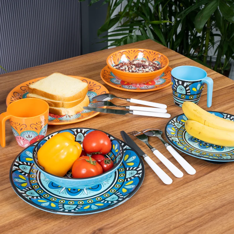 Melamin Geschirr Set Toskana Pastel für 2 Personen - 8 Teile - Orange-Blau - Mandala-Optik mit klaren Trinkgläsern 460 ml aus Acryl Campinggeschirr