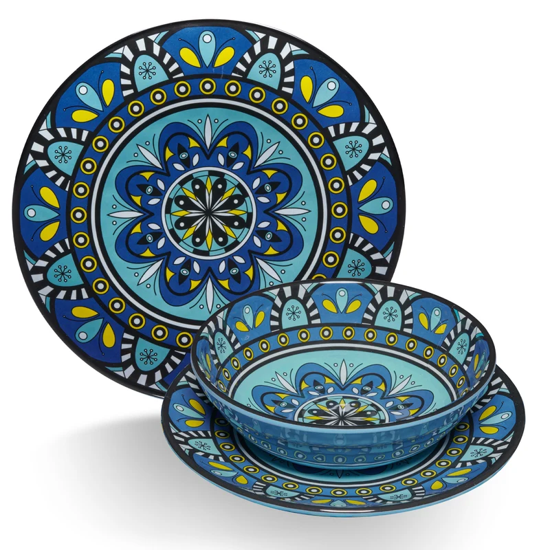 Melamin Geschirr Set Toskana Pastel für 2 Personen - 8 Teile - Orange-Blau - Mandala-Optik mit klaren Trinkgläsern 460 ml aus Acryl Campinggeschirr