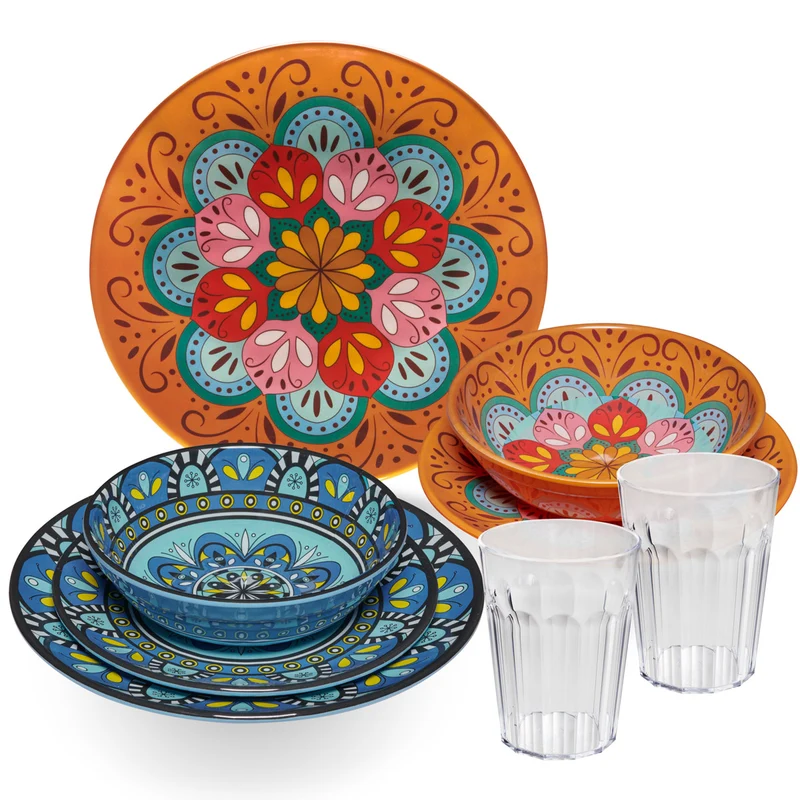 Melamin Geschirr Set Toskana Pastel für 2 Personen - 8 Teile - Orange-Blau - Mandala-Optik mit klaren Trinkgläsern 450 ml aus Acryl Campinggeschirr