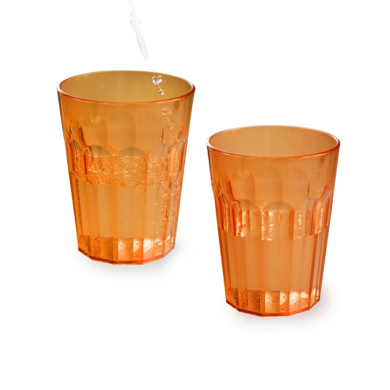 Melamin Geschirr Set Toskana Pastel für 2 Personen - 8 Teile - Orange-Blau - Mandala-Optik mit farblich passenden Trinkgläsern 450 ml aus Acryl Campinggeschirr