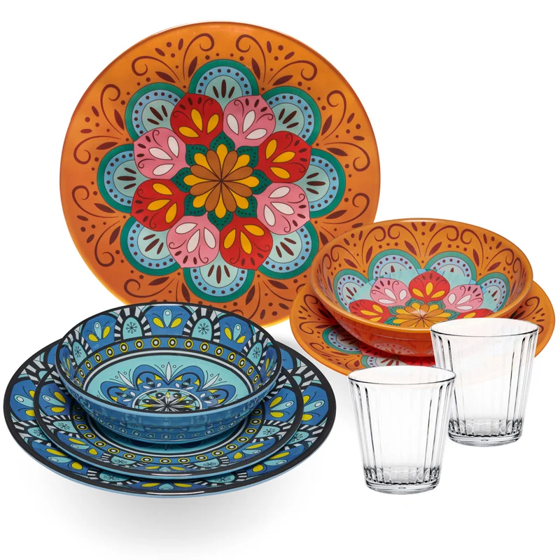 Melamin Geschirr Set Toskana Pastel für 2 Personen - 8 Teile - Orange-Blau - Mandala-Optik mit klaren Trinkgläsern 360 ml aus Acryl Campinggeschirr