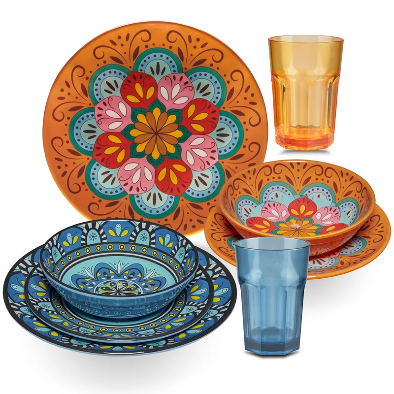 Melamin Geschirr Set Toskana Pastel für 2 Personen - 8 Teile - Orange-Blau - Mandala-Optik mit farblich passenden Trinkgläsern 400 ml aus Acryl Campinggeschirr