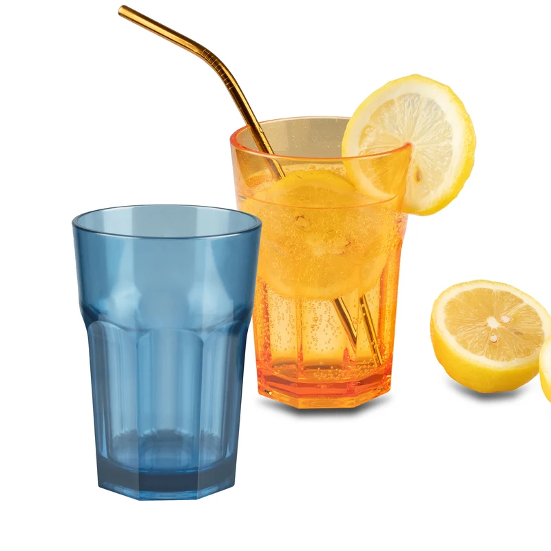 Melamin Geschirr Set Toskana Pastel für 2 Personen - 8 Teile - Orange-Blau - Mandala-Optik mit farblich passenden Trinkgläsern 400 ml aus Acryl Campinggeschirr