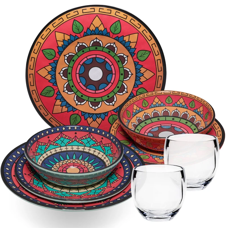 Melamin Geschirr Set Toskana Deep für 2 Personen - 8 Teile - Rot-Grün - Mandala-Optik mit klaren Trinkgläsern 400 ml Campinggeschirr
