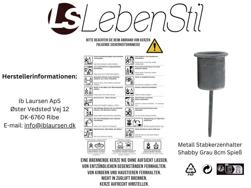 IB Laursen Metall Stabkerzenhalter Shabby Grau 8cm Spieß Kerzenständer Kerzenstecker