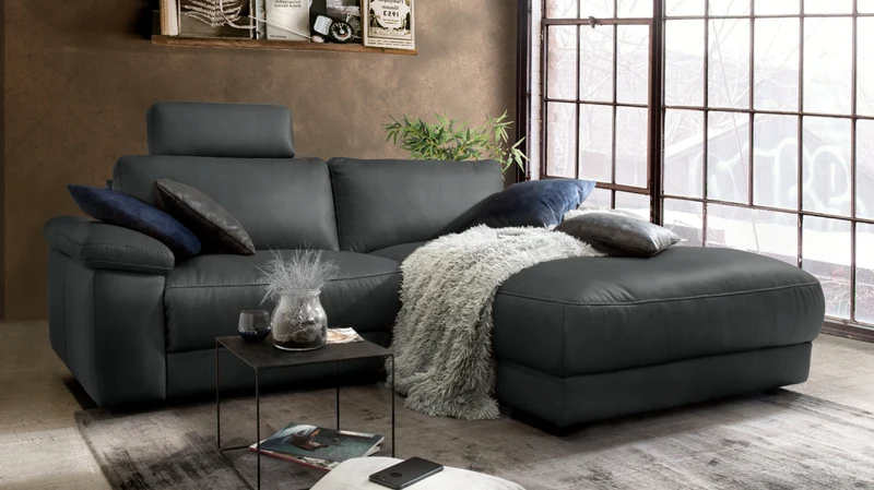 KAWOLA Sofa LOLA Ecksofa Leder schwarz mit motorischer Relaxfunktion
