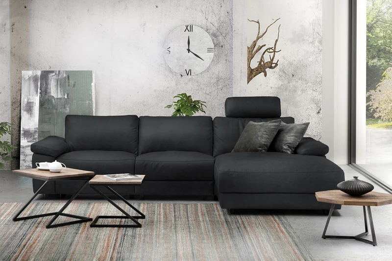 KAWOLA Sofa LOLA Ecksofa Leder schwarz mit motorischer Relaxfunktion