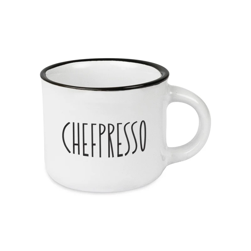 Vintage Espresso-Tasse 95ml Keramik "Chefpresso" Weiß Emaille-Look mit Spruch