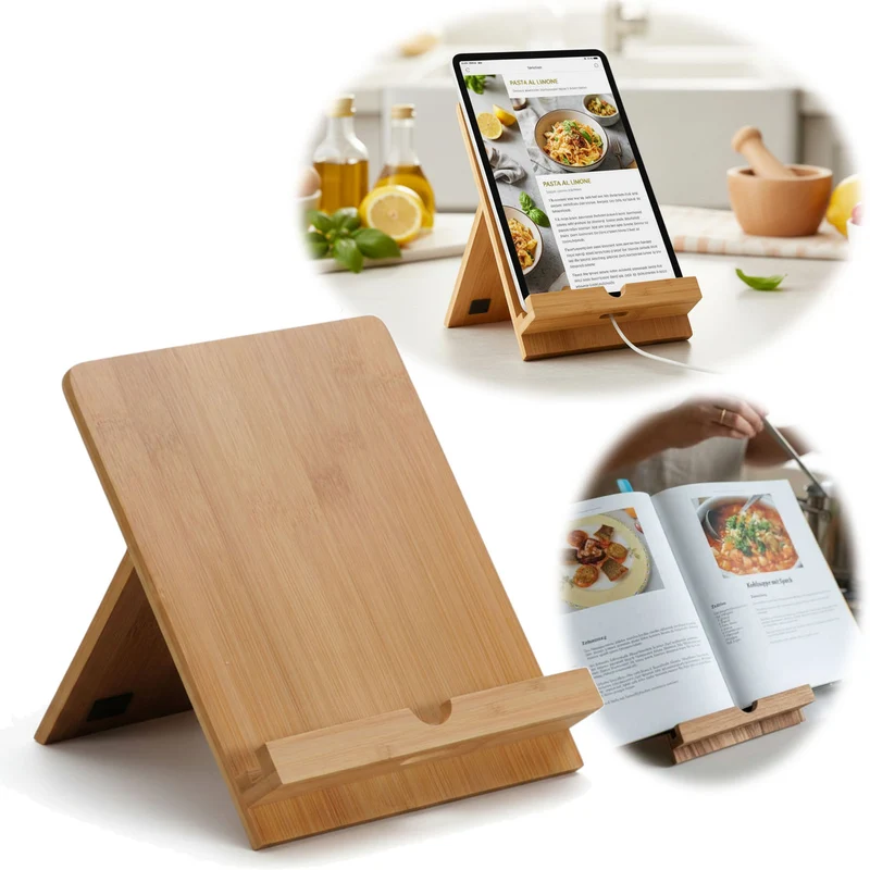 Holz Kochbuchhalter Bambus 23x18cm Braun Tablett-Halterung für iPad´s
