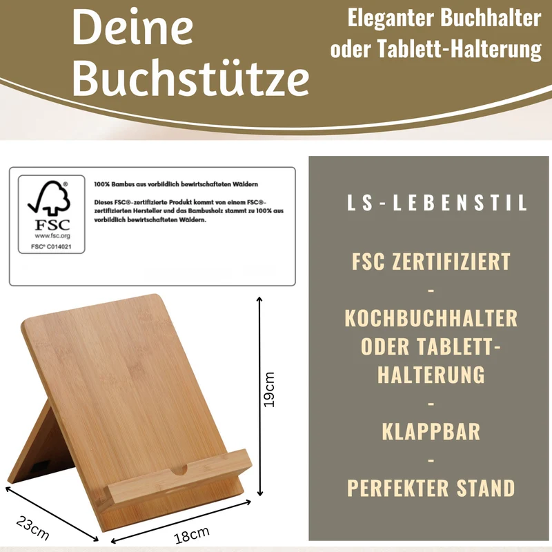 Holz Kochbuchhalter Bambus 23x18cm Braun Tablett-Halterung für iPad´s