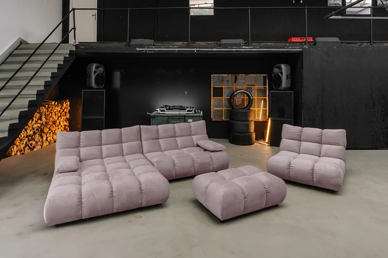 KAWOLA Sitzgruppe VIVIEN Ecksofa Drehsessel Hockerbank Velvet roségrau