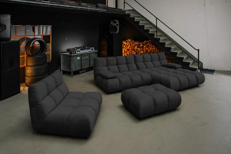 KAWOLA Sitzgruppe VIVIEN Ecksofa Drehsessel Hockerbank Velvet schwarz