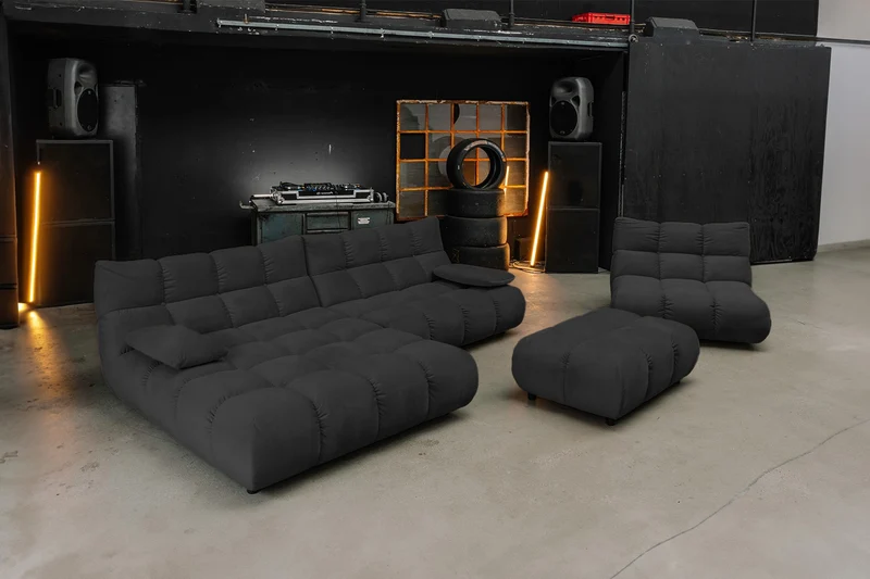 KAWOLA Sitzgruppe VIVIEN Ecksofa Drehsessel Hockerbank Velvet schwarz
