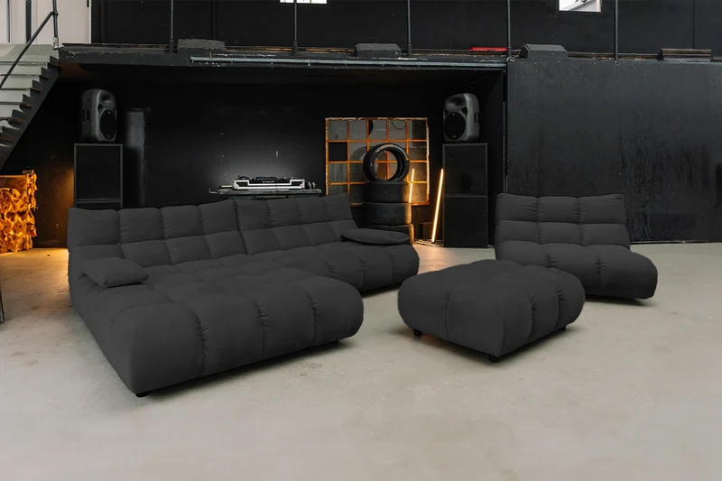 KAWOLA Sitzgruppe VIVIEN Ecksofa Drehsessel Hockerbank Velvet schwarz