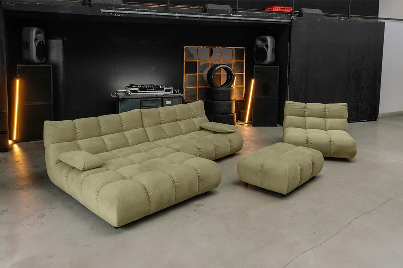 KAWOLA Sitzgruppe VIVIEN Ecksofa Drehsessel Hockerbank Velvet oliv