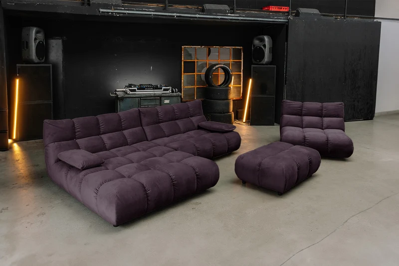 KAWOLA Sitzgruppe VIVIEN Ecksofa Drehsessel Hockerbank Velvet purple