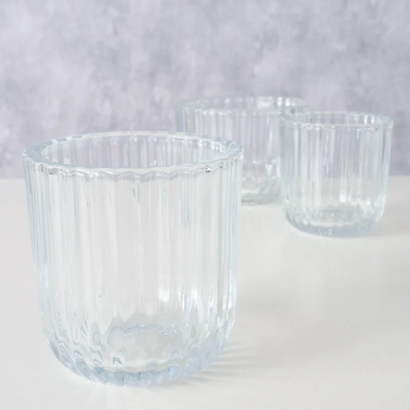3er Set Teelichthalter Glas Retro Klar 7-9cm Teelichtglas Windlicht Kerzenhalter