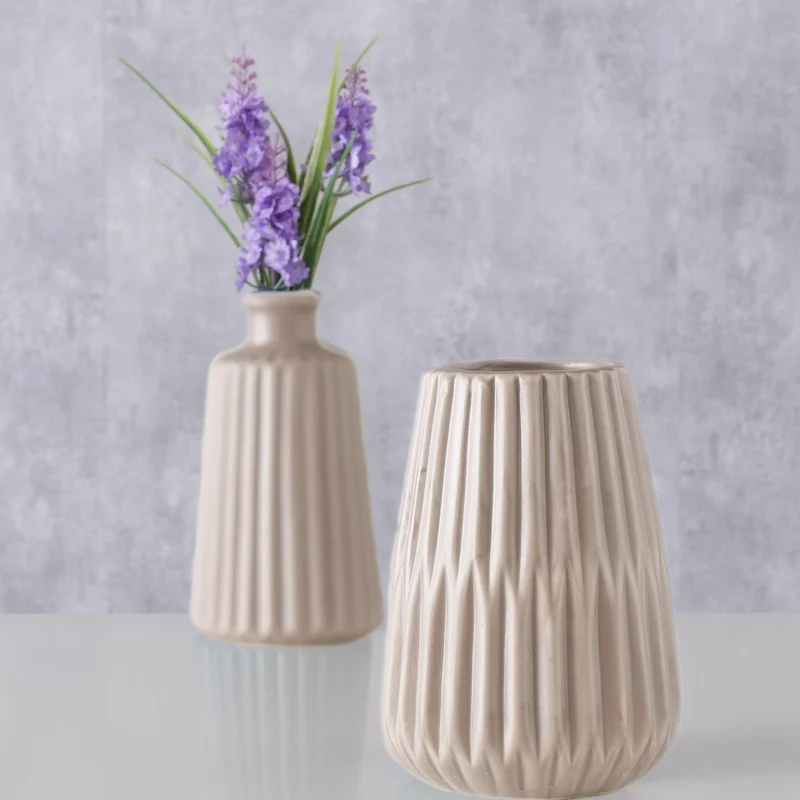 Nordic Blumen-Vase Oslo 2´er Set Creme Braun Keramik Tisch-Vase Pampasgras