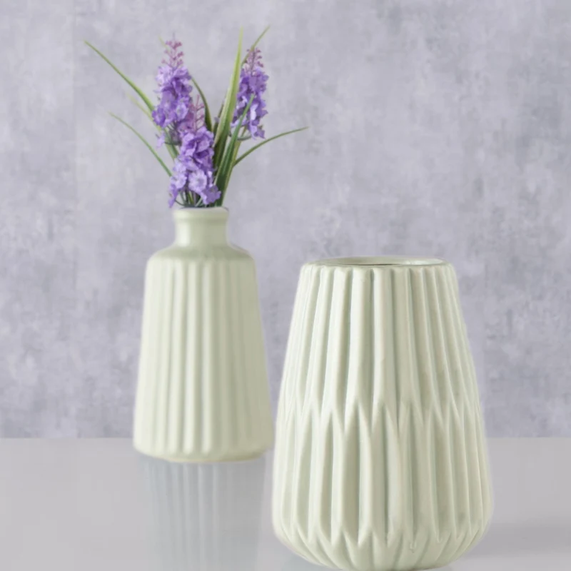 Nordic Blumen-Vase Oslo 2´er Set Creme Grün Keramik Tisch-Vase Pampasgras